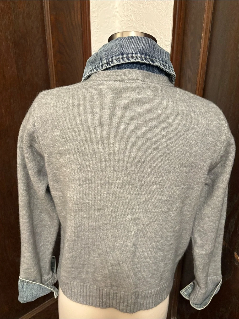 Soft Light Grey Sweater with Denim Shirt Detail Size M NWOT - Picture 3 of 4